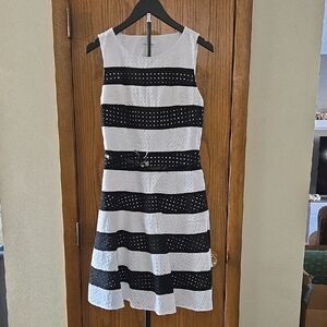 Calvin Klein Black and White Striped Midi Dress